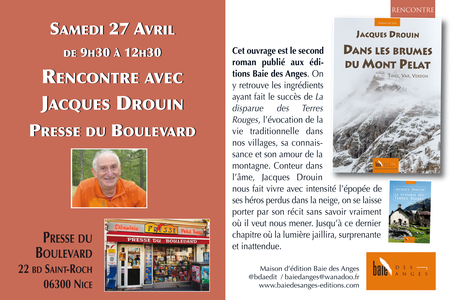 Samedi 27 Avril Rencontre avec Jacques Drouin Baie des Anges éditions
