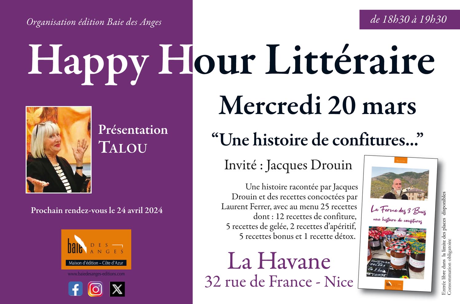 Mercredi 20 mars Happy Hour Littéraire Baie des Anges éditions